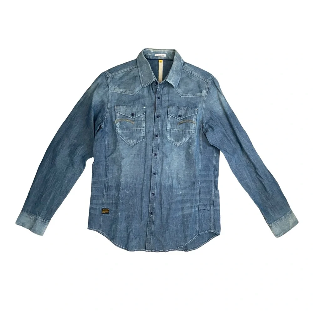 Vintage G-star Raw Distressed Denim Raw Button Up Shirt Blue Pockets Size L Jean - Picture 1 of 9